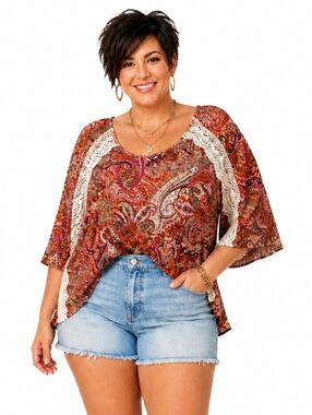 Forever Jade Plus Size Rust Paisley Crochet Lace Boho Blouse Top 3X